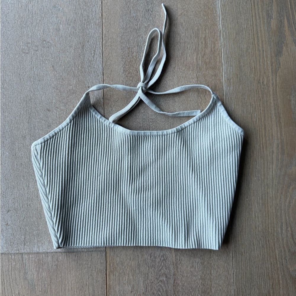 Babaton Ribbed Halter Crop Top - Light Beige